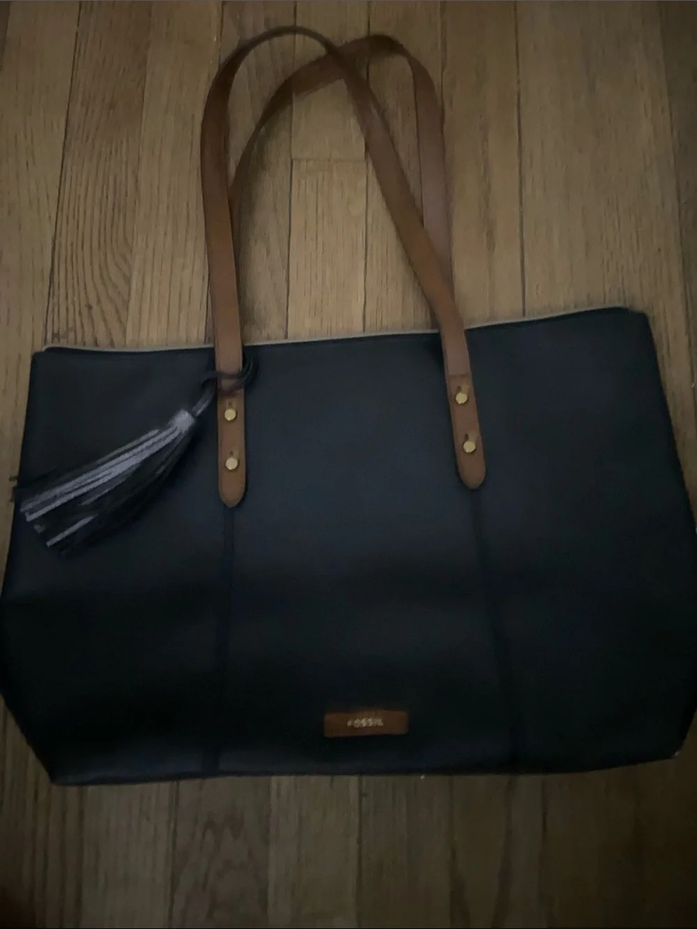 Fossil Black Tote with Brown Straps and Tassel